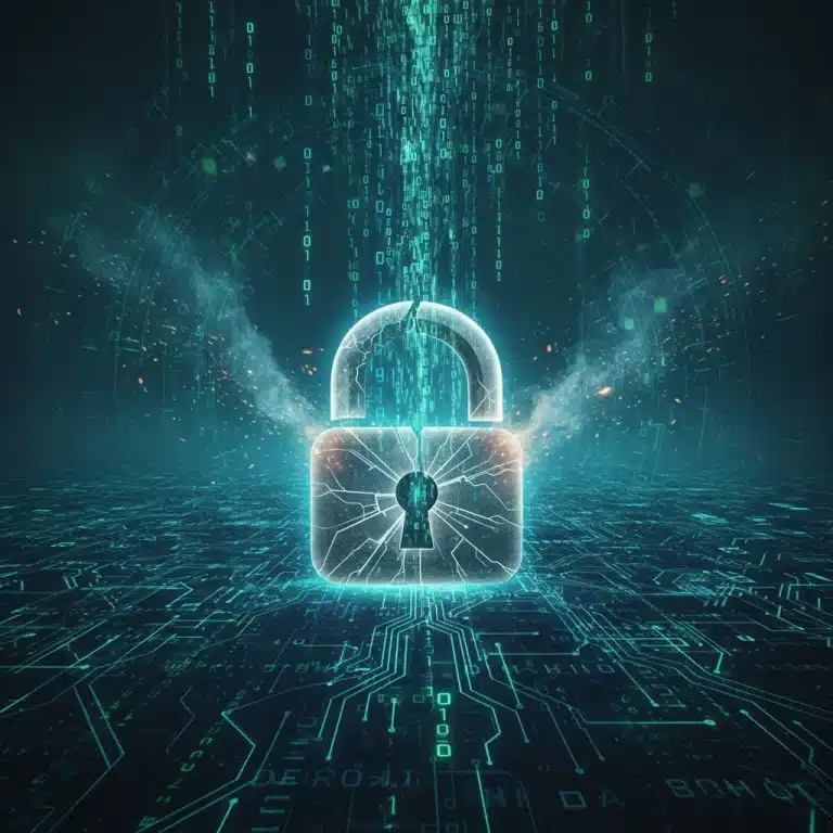 Digital lock with cracked binary code representing a cybersecurity breach