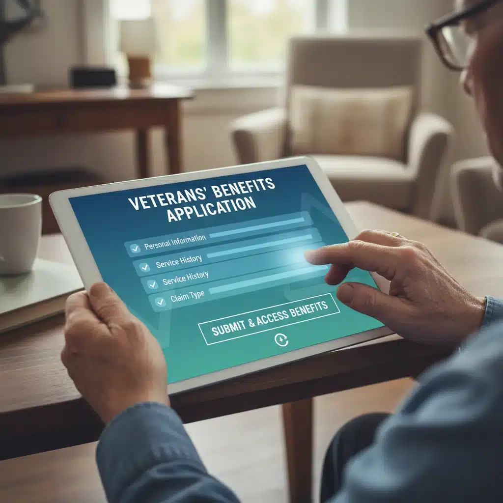 Hands holding a tablet showing an online application for veteran benefits, emphasizing digital access.