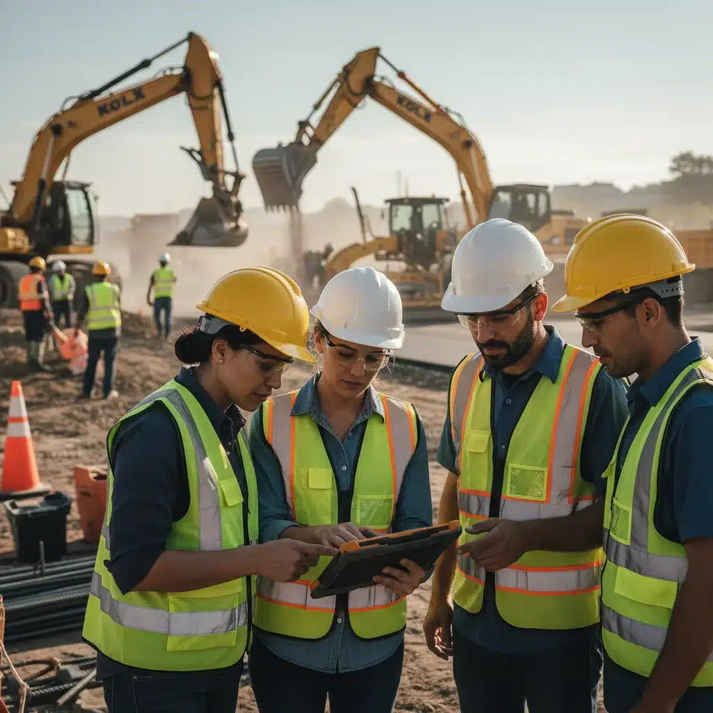 Engineers and construction workers reviewing blueprints at a road improvement project site.