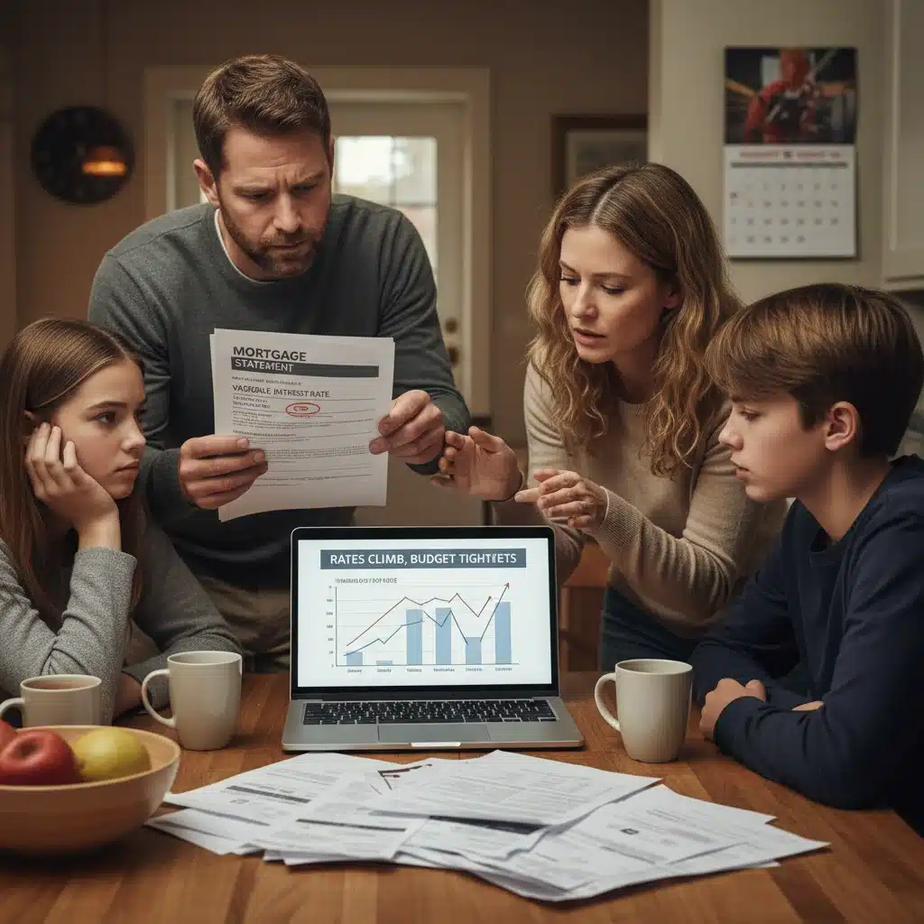 Family reviewing financial documents, concerned about interest rates