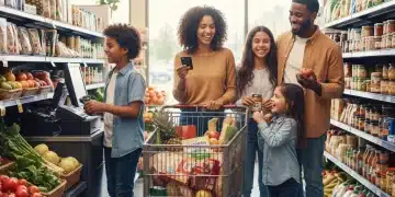 Family using EBT card for groceries, symbolizing increased SNAP benefits and food security.