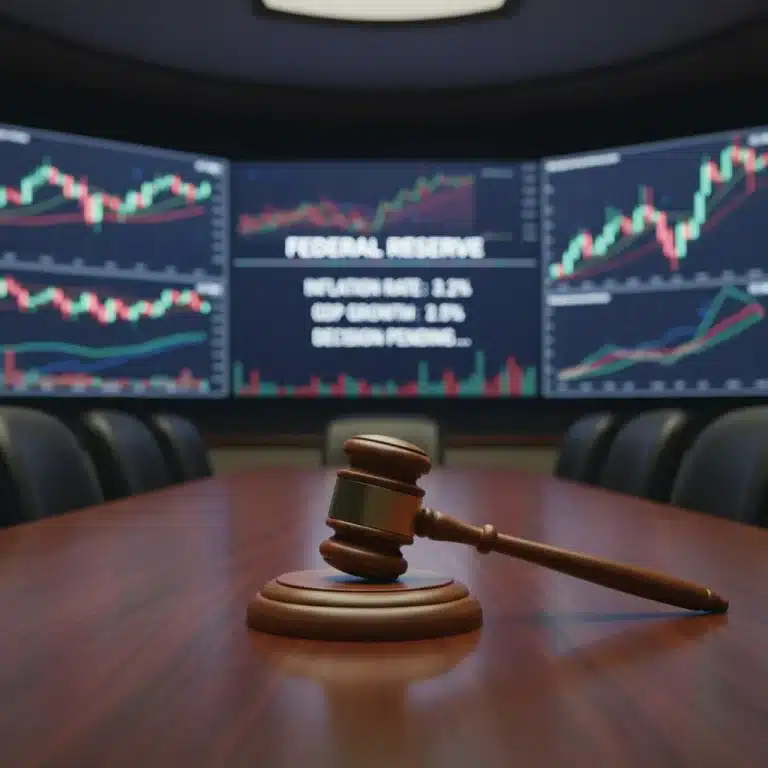 Gavel on desk with financial charts representing Federal Reserve decision