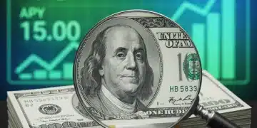 Stack of dollar bills with magnifying glass and digital display showing high APY