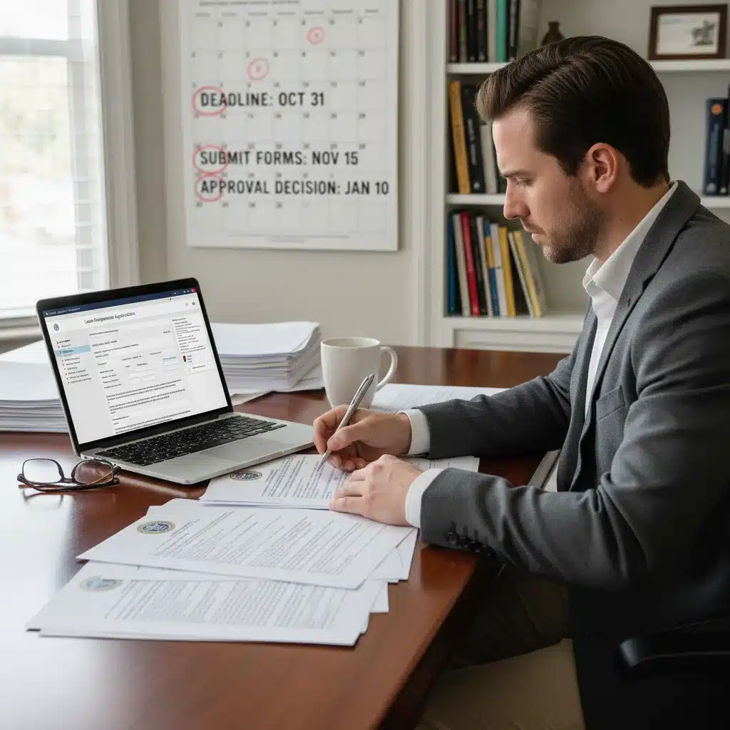 Person applying for student loan forgiveness, reviewing documents and deadlines