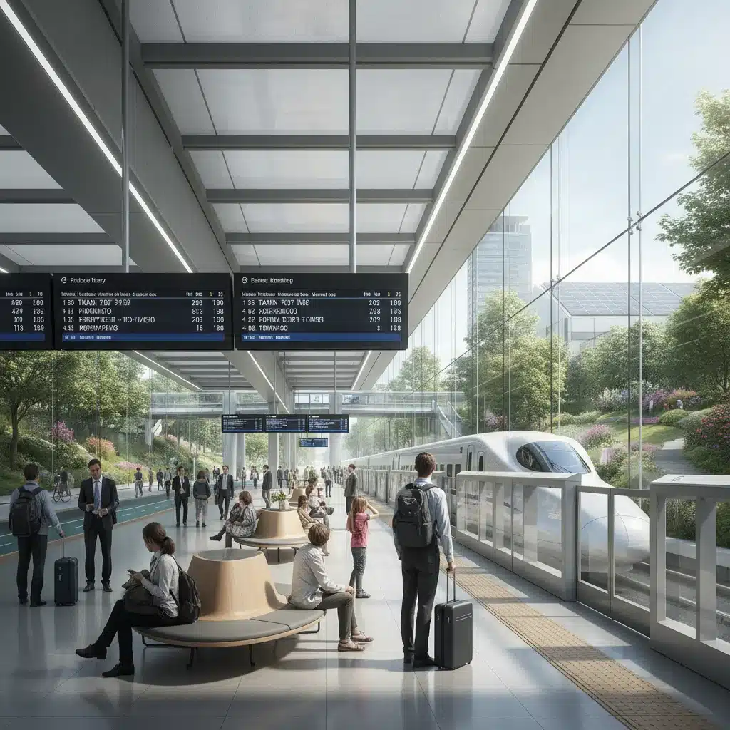Modern public transportation hub with high-speed train and diverse commuters.