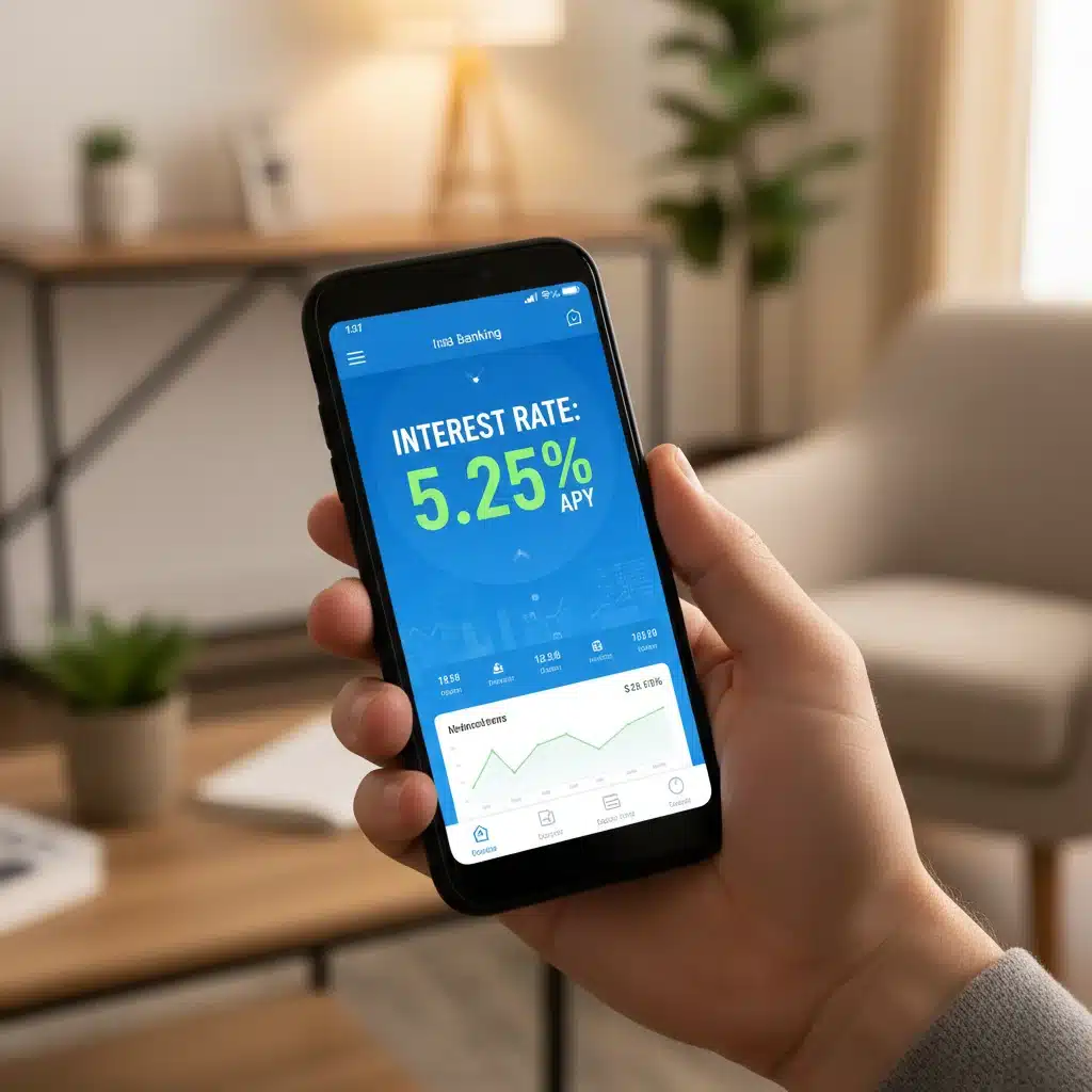 Smartphone showing online banking app with 5% APY interest rate