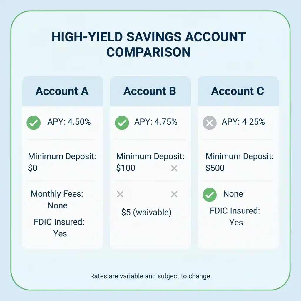Infographic comparing features of three high-yield savings accounts