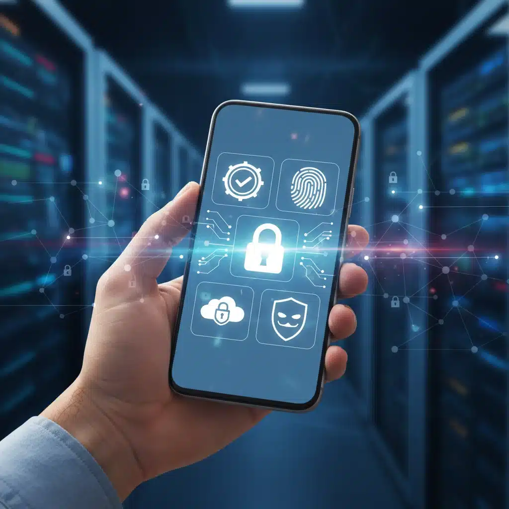 Person securing smartphone with digital security icons