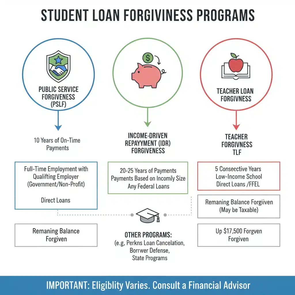 Infographic detailing various student loan forgiveness program types and requirements