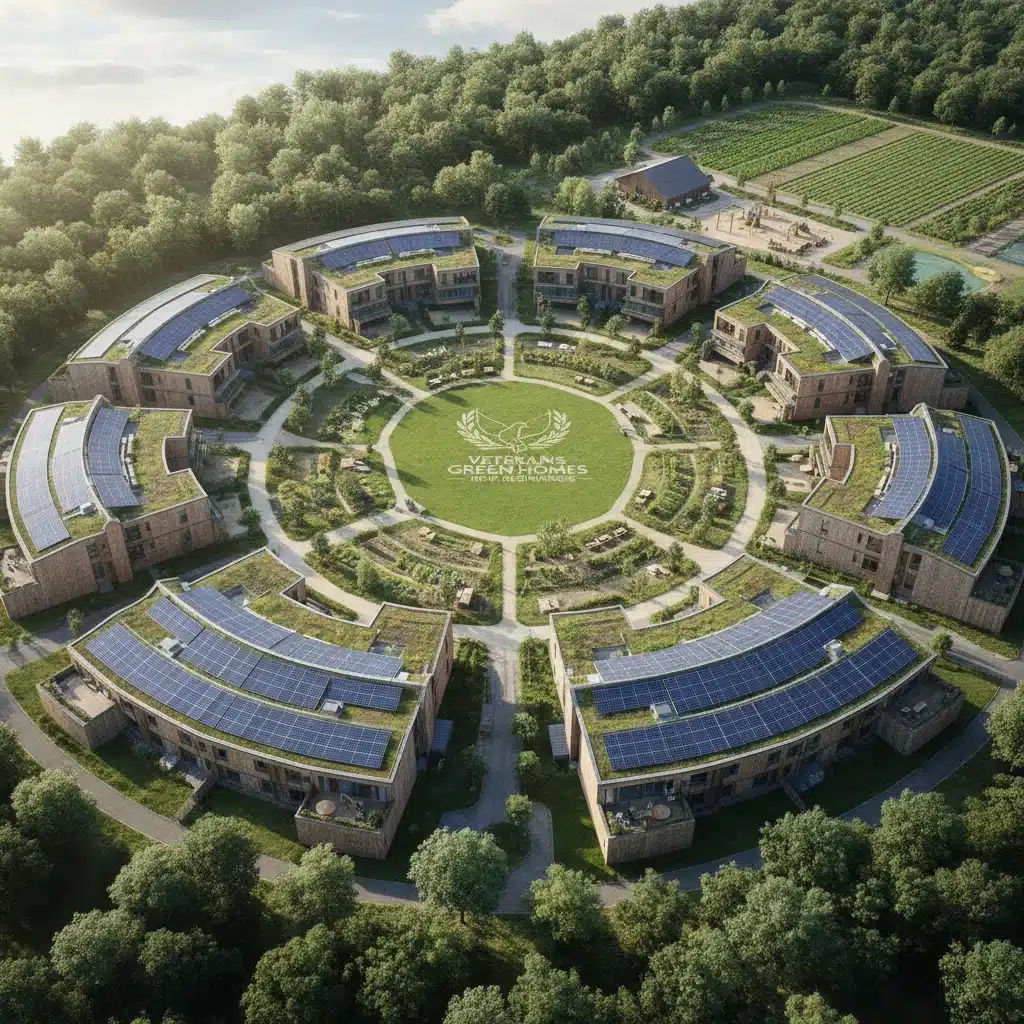 Sustainable veteran housing development with green spaces and solar panels.