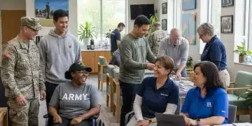 Diverse veterans engaging with VA resources and each other in a supportive community environment.