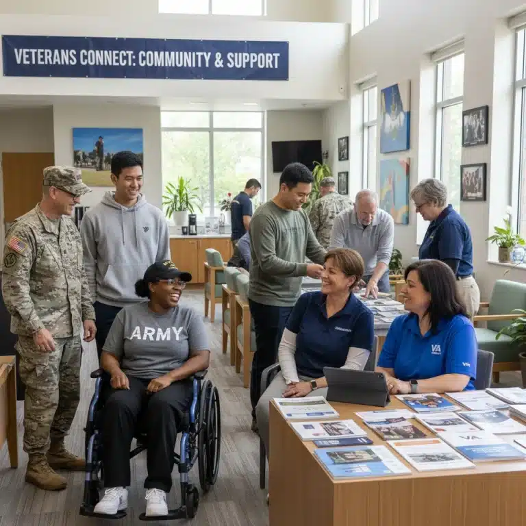 Diverse veterans engaging with VA resources and each other in a supportive community environment.